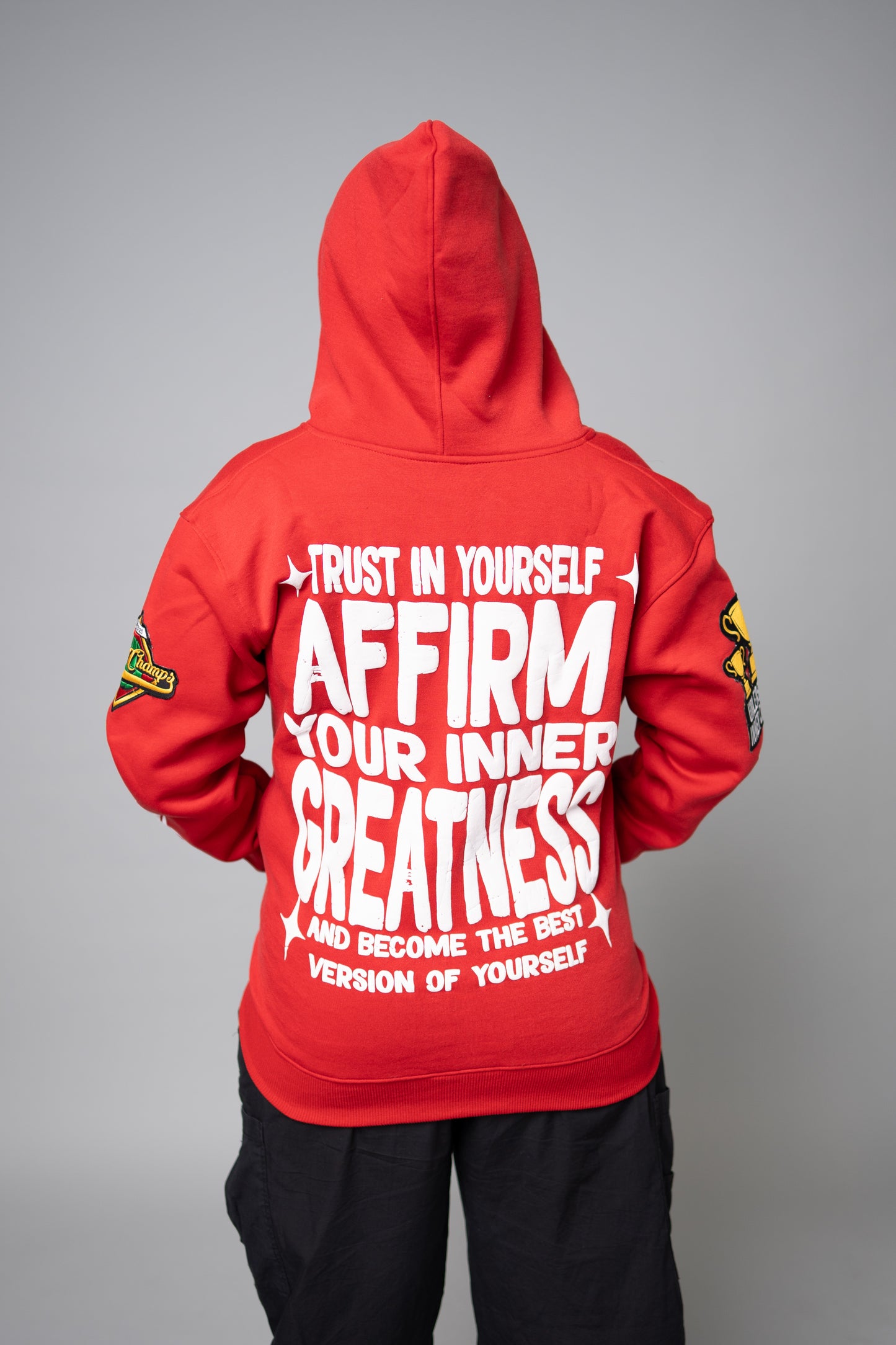 "TRUST IN YOURSELF/FLAME ON" HOODIES (RED/WHITE)