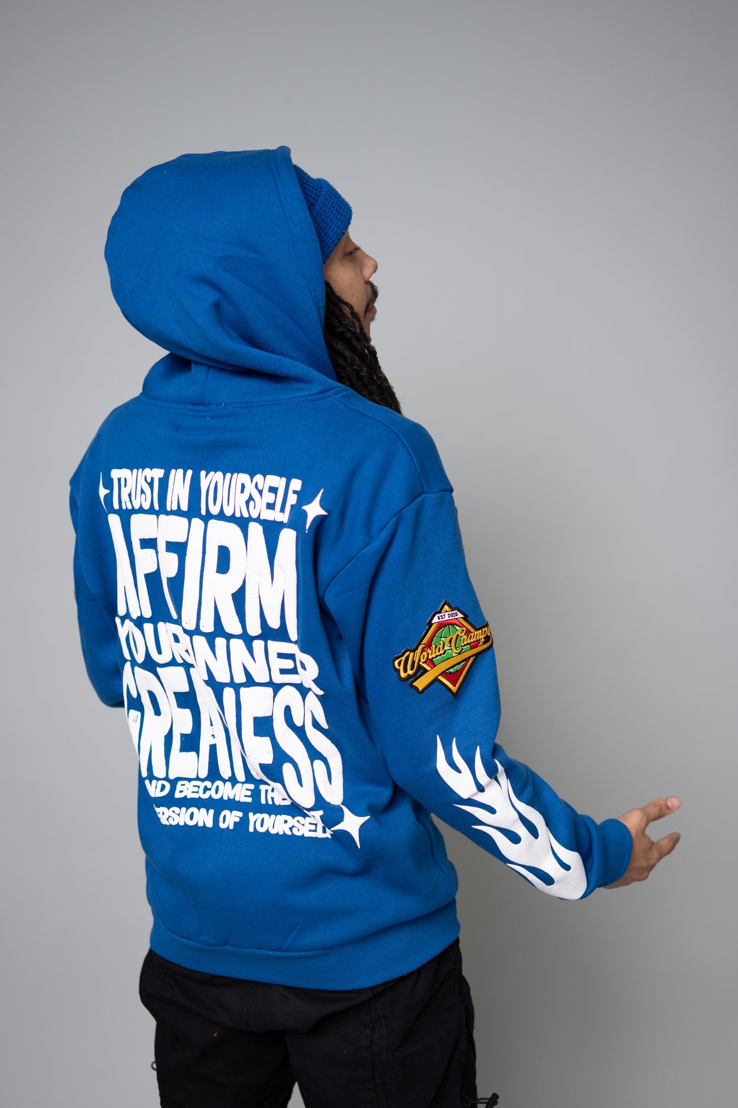 "TRUST IN YOURSELF/FLAME ON" HOODIES (BLUE/WHITE)
