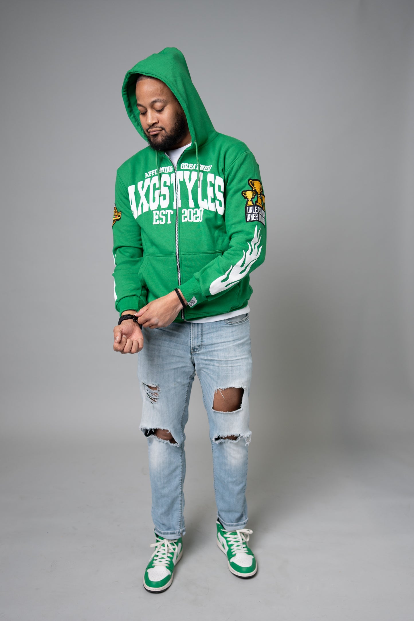 "TRUST IN YOURSELF/FLAME ON" HOODIES (GREEN/WHITE)