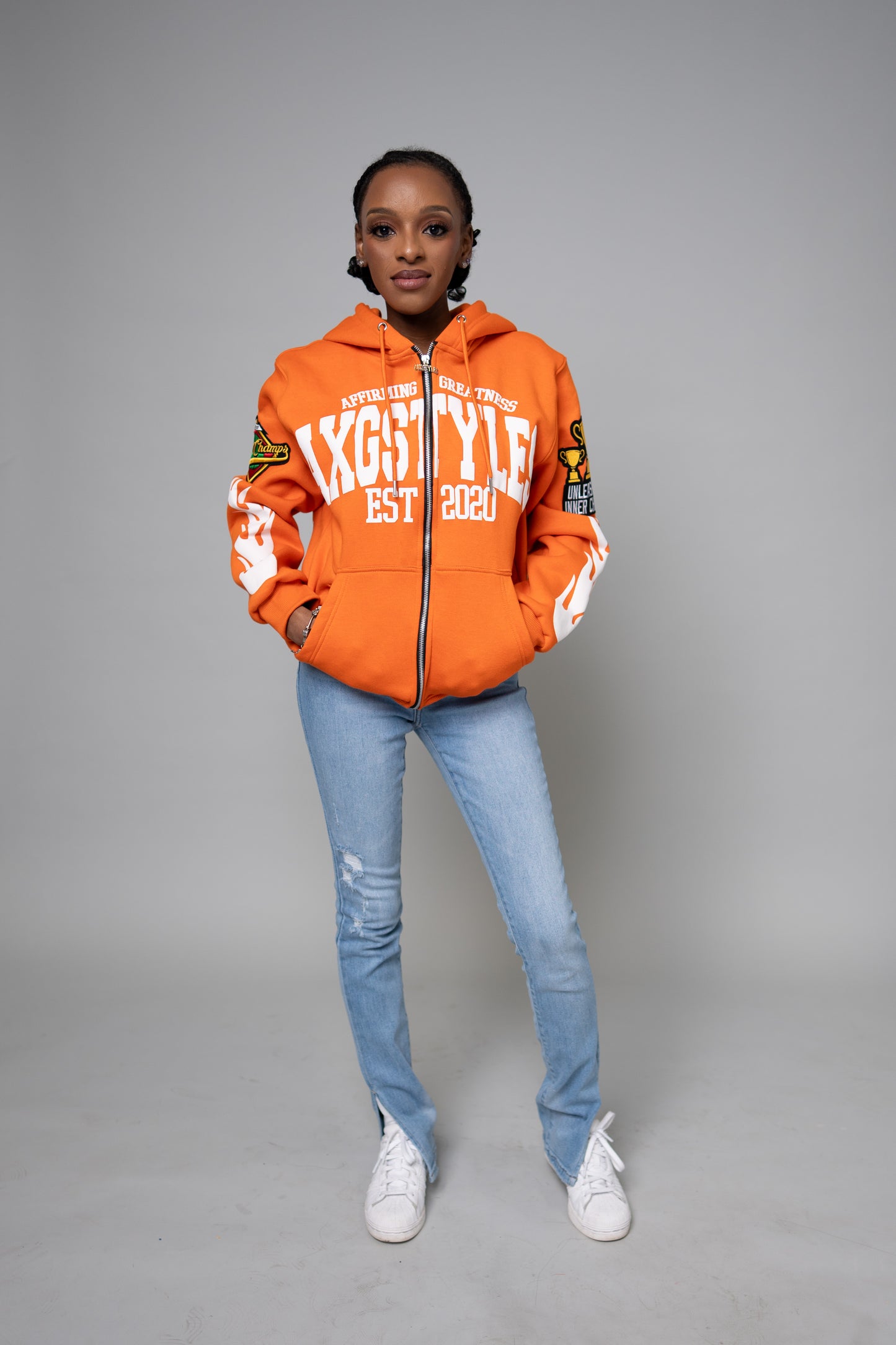"TRUST IN YOURSELF/FLAME ON" HOODIES (ORANGE/WHITE)