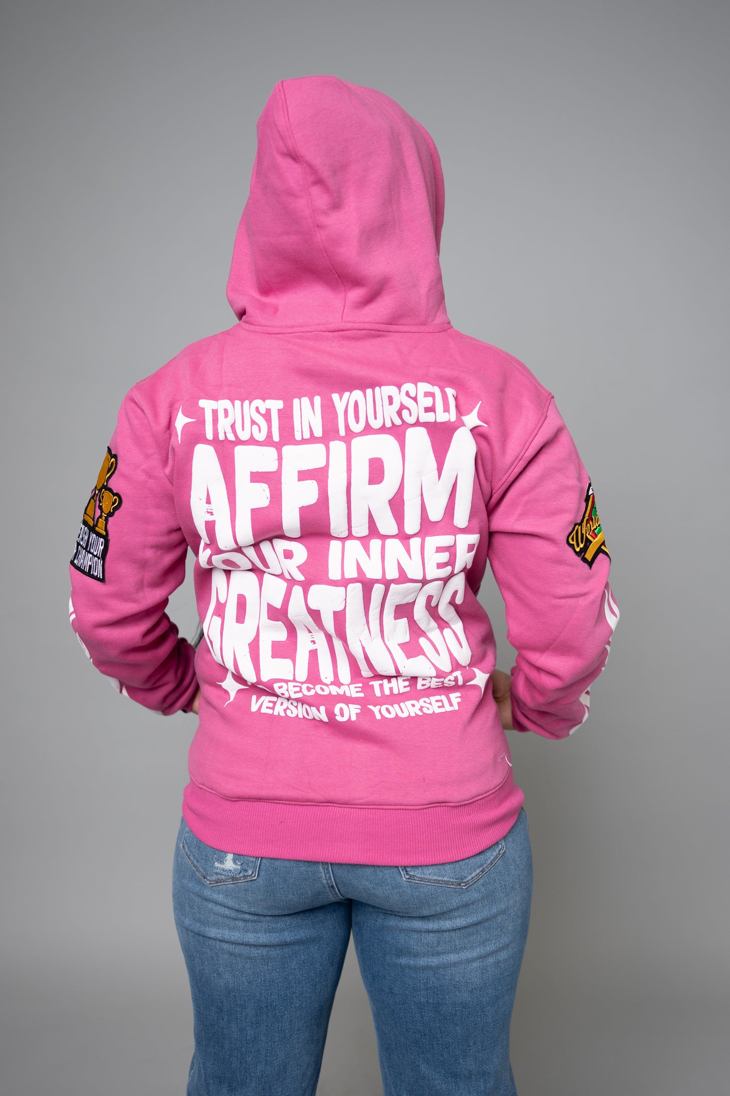 "TRUST IN YOURSELF/FLAME ON" HOODIES (PINK/WHITE)