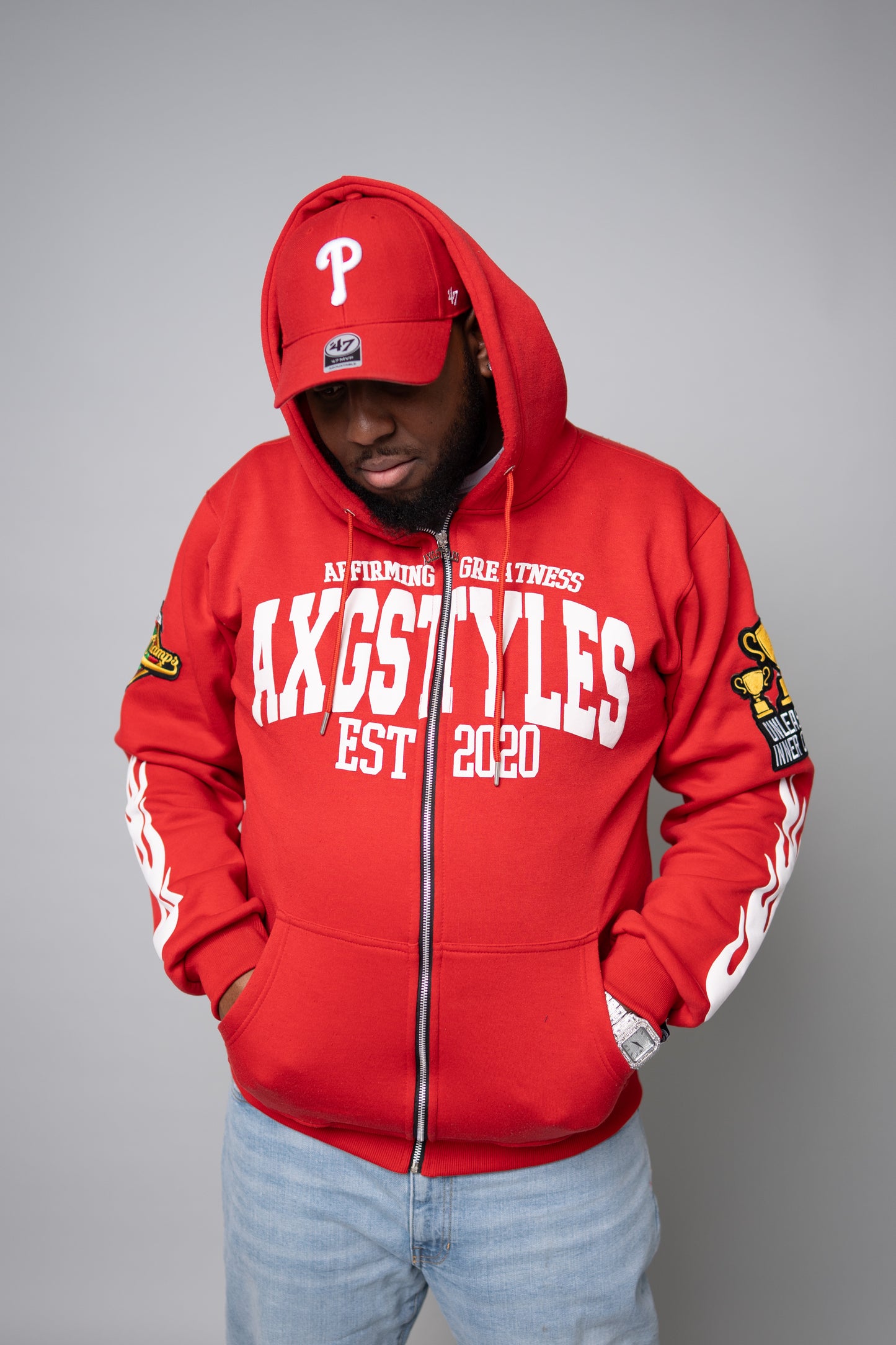 "TRUST IN YOURSELF/FLAME ON" HOODIES (RED/WHITE)
