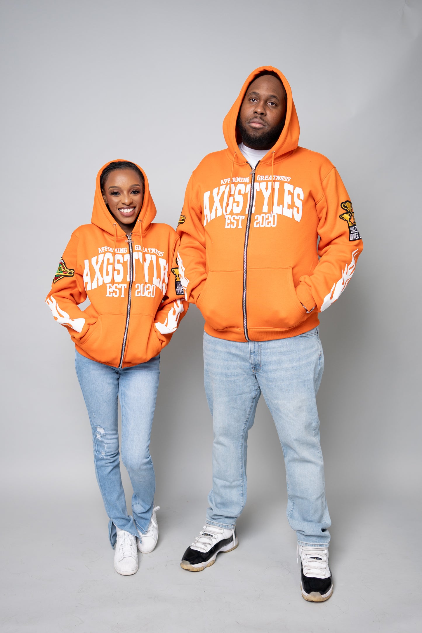 "TRUST IN YOURSELF/FLAME ON" HOODIES (ORANGE/WHITE)